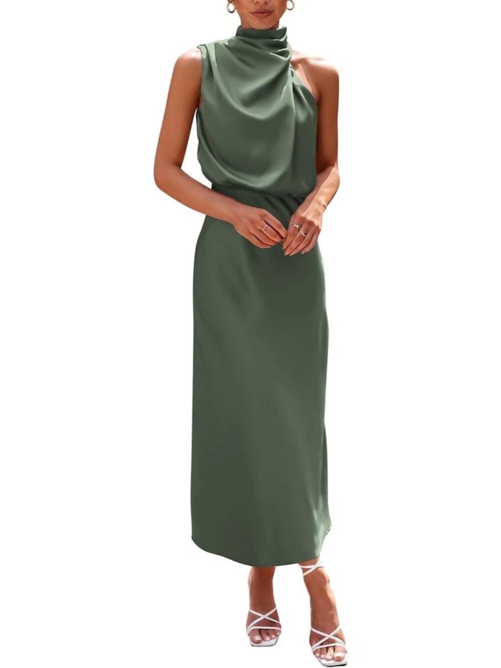 Women's Army Green Summer Cocktail Satin Maxi Sleeveless Mock Neck Formal Dress